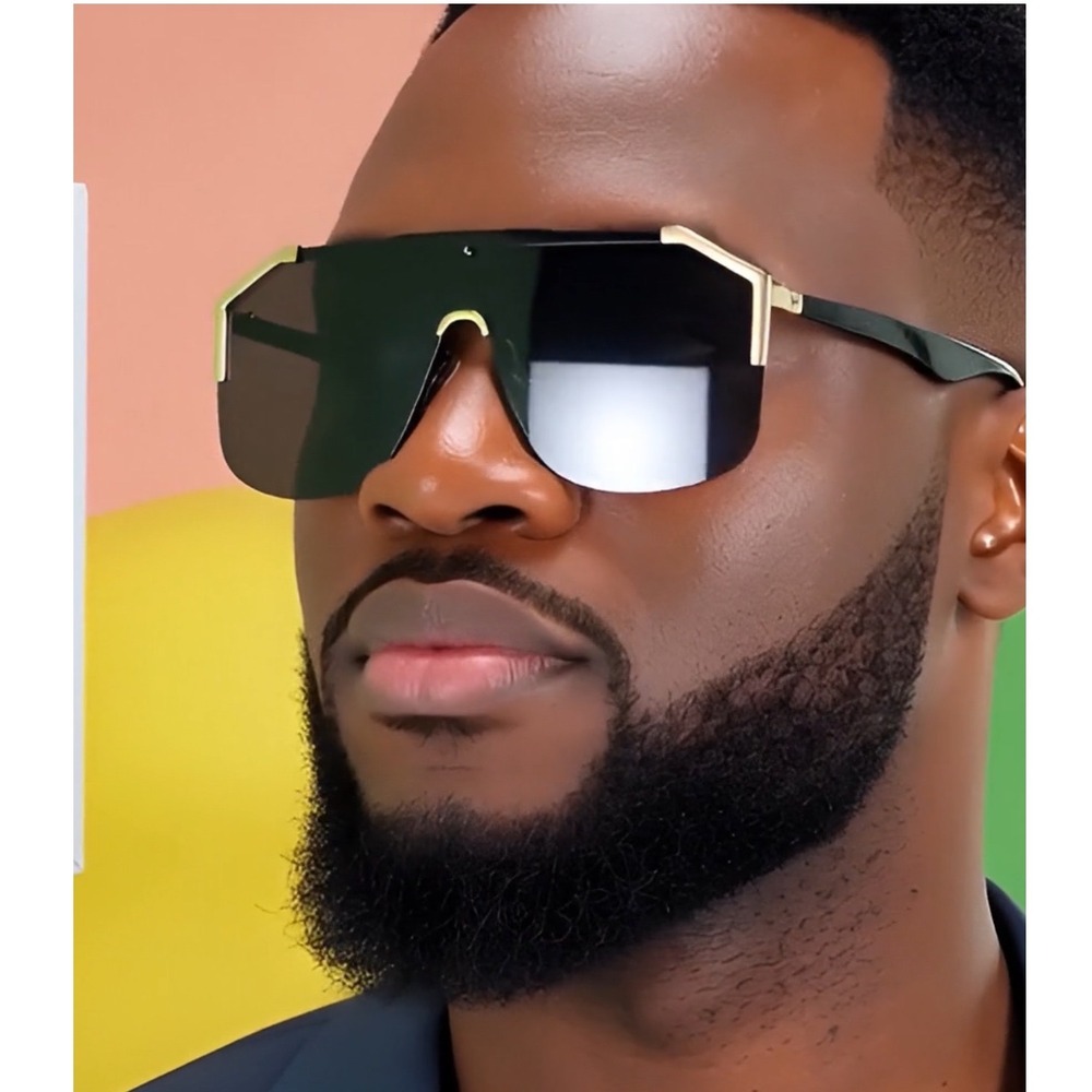 Men Sunglasses Black Lens Gold Trim‎ Men Women Wrap Around Style Hip Hop Rapper